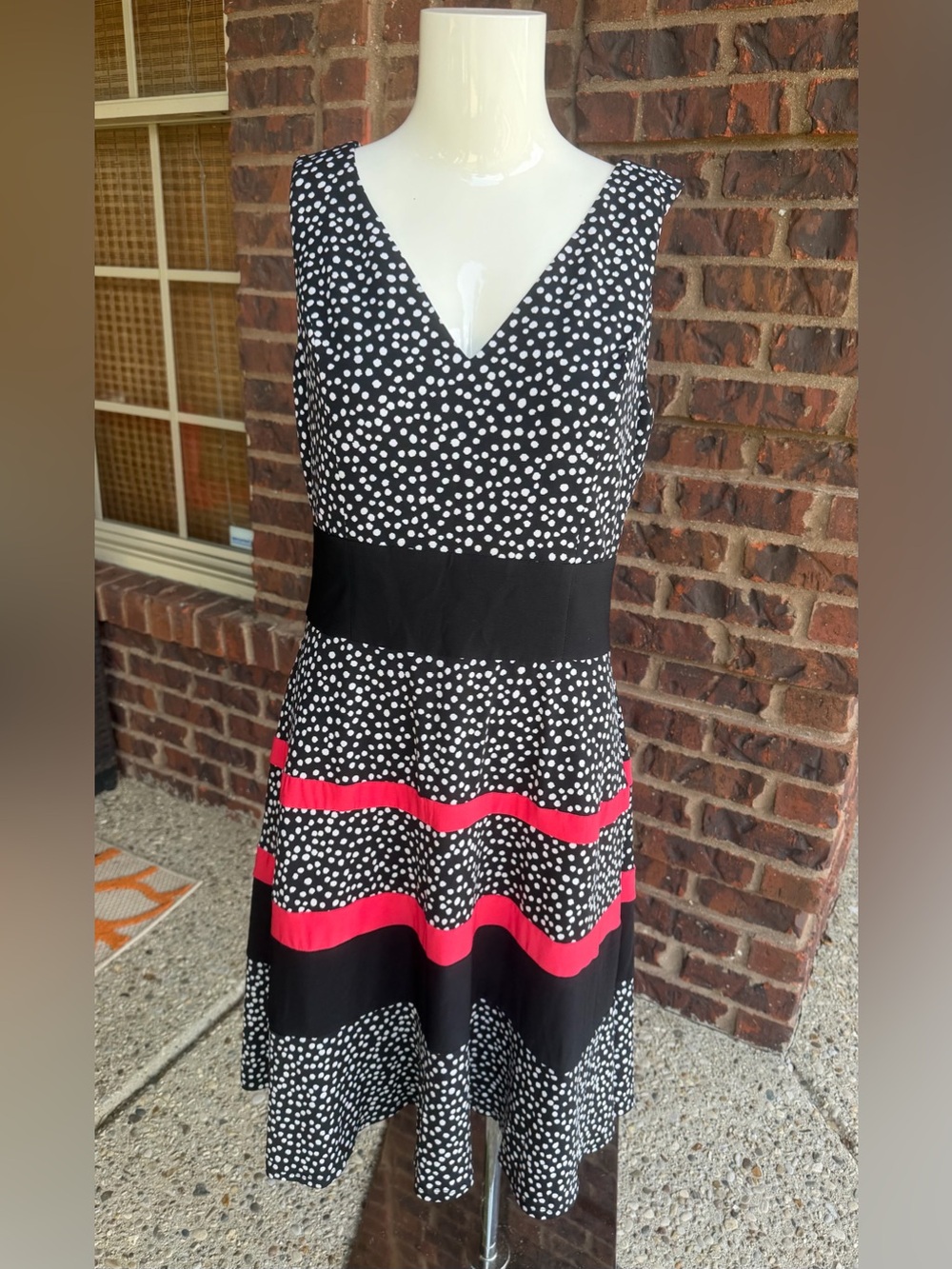 Anne Klein Polka Dot Fit & Flare Knee-Length Dress Black Pink Size 4